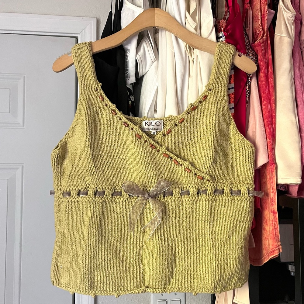 NWT RICO hand knits green chunky boxy cropped beaded organza bow tie tank